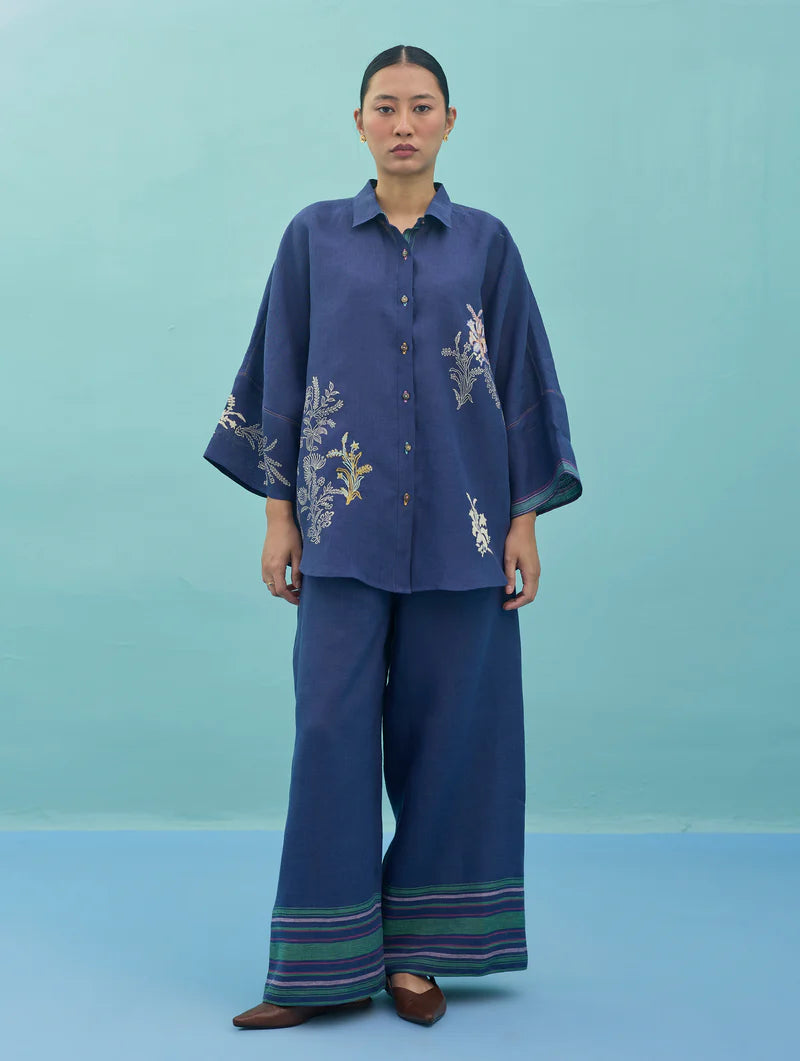 Iva Block Printed Embroidered Co-ord Set  - Indigo