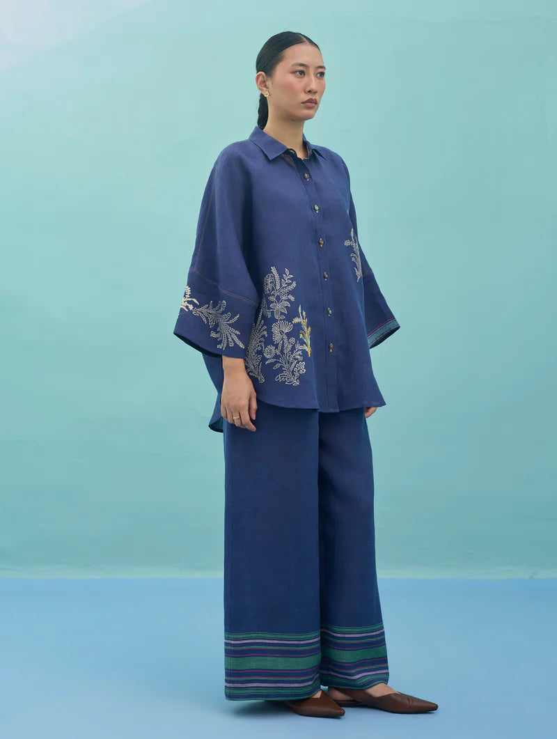 Iva Block Printed Embroidered Co-ord Set  - Indigo