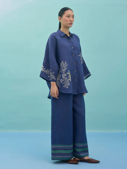 Iva Block Printed Embroidered Co-ord Set  - Indigo