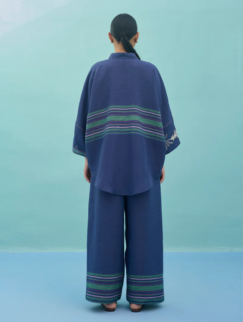 Iva Block Printed Embroidered Co-ord Set  - Indigo
