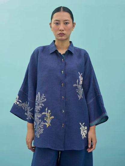 Iva Block Printed Floral Embroidered Shirt - Indigo