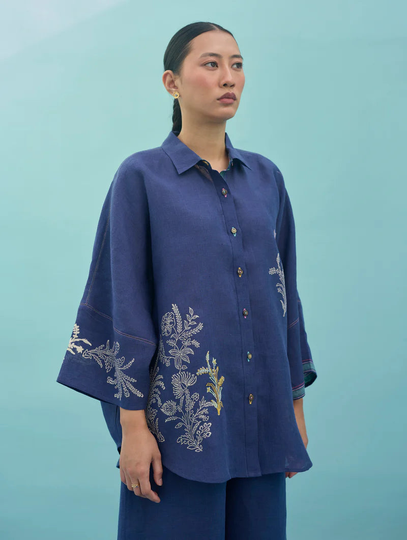 Iva Block Printed Floral Embroidered Shirt - Indigo
