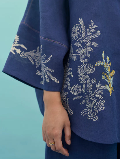 Iva Block Printed Floral Embroidered Shirt - Indigo