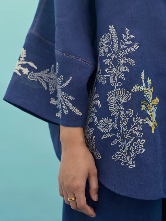 Iva Block Printed Floral Embroidered Shirt - Indigo