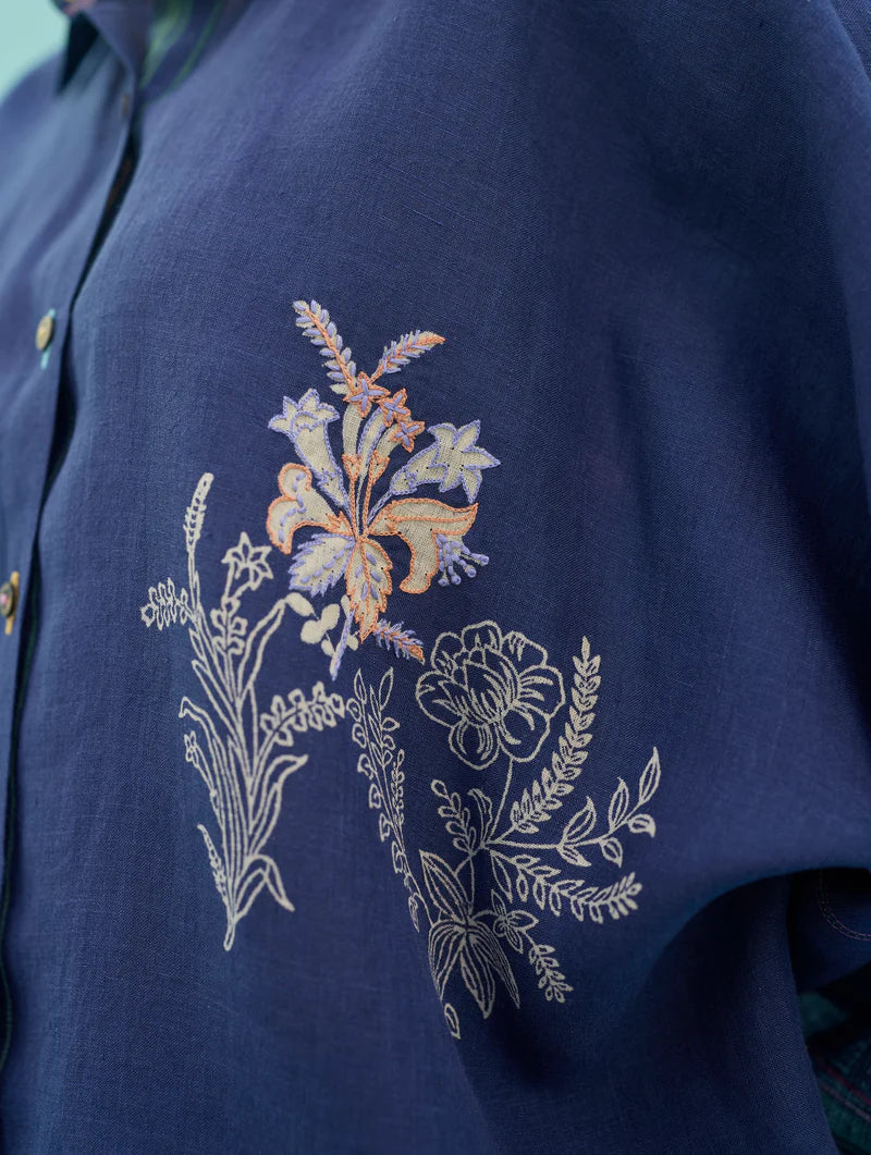 Iva Block Printed Floral Embroidered Shirt - Indigo