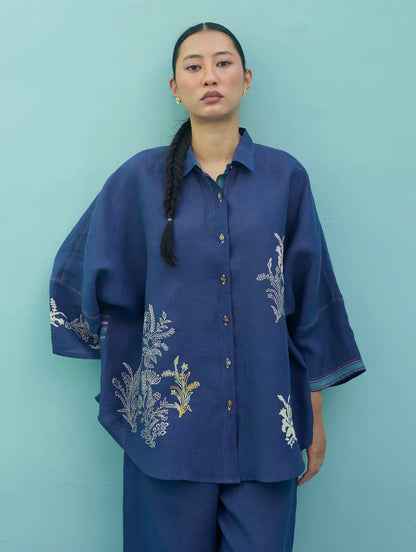 Iva Block Printed Floral Embroidered Shirt - Indigo