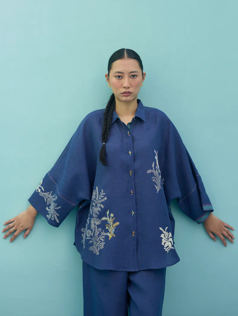Iva Block Printed Floral Embroidered Shirt - Indigo