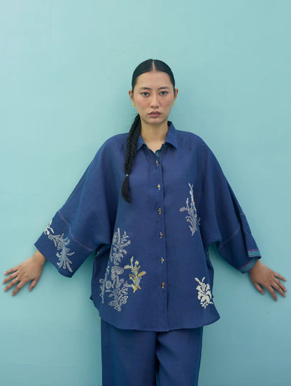 Iva Block Printed Floral Embroidered Shirt - Indigo