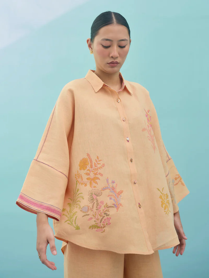 Iva Block Printed Embroidered Co-ord Set  - Apricot