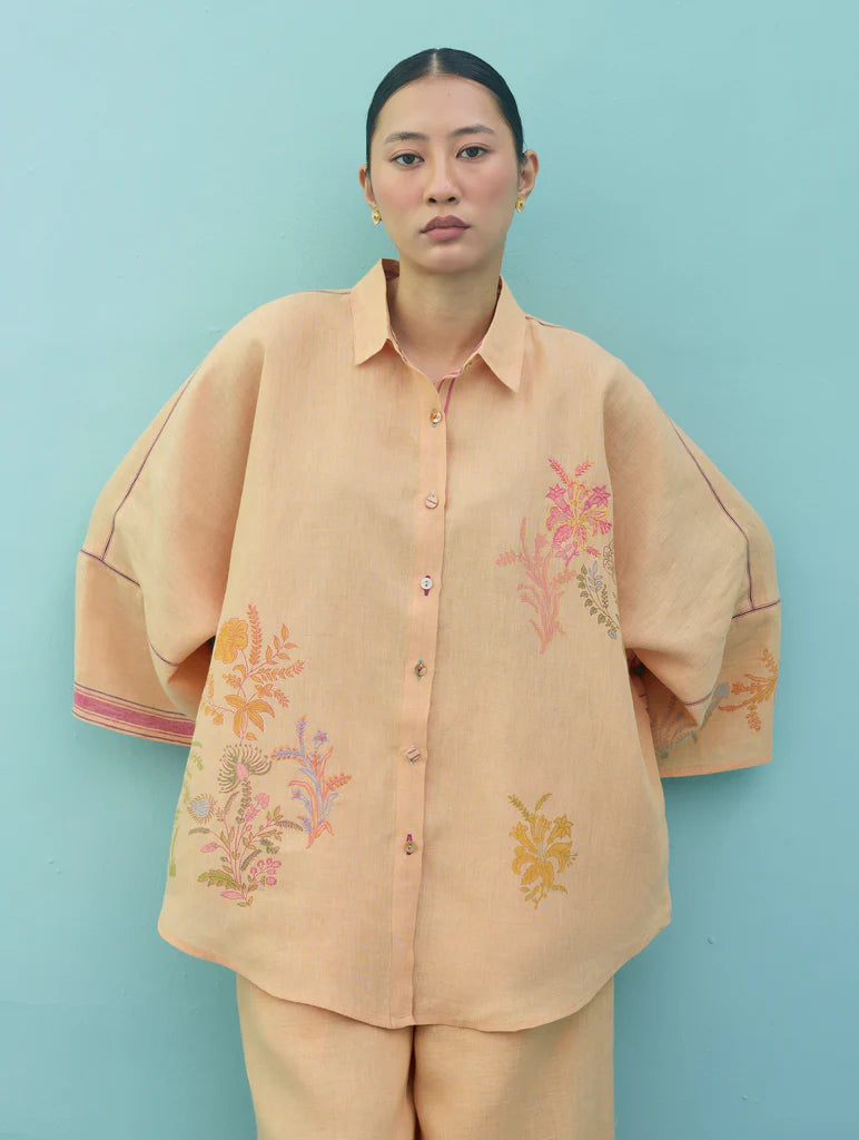 Iva Block Printed Embroidered Co-ord Set  - Apricot