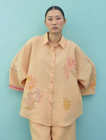 Iva Block Printed Embroidered Co-ord Set  - Apricot