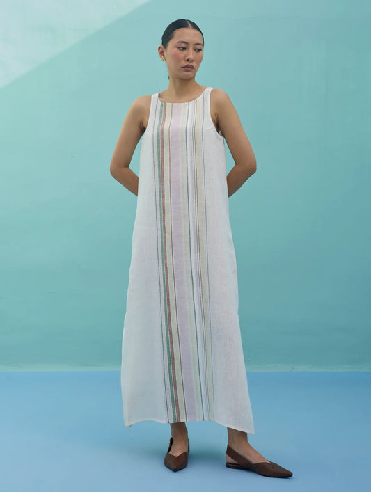 Beli Sleeveless Border Linen Dress with Overlay - Ivory