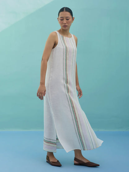 Beli Sleeveless Border Linen Dress with Overlay - Ivory