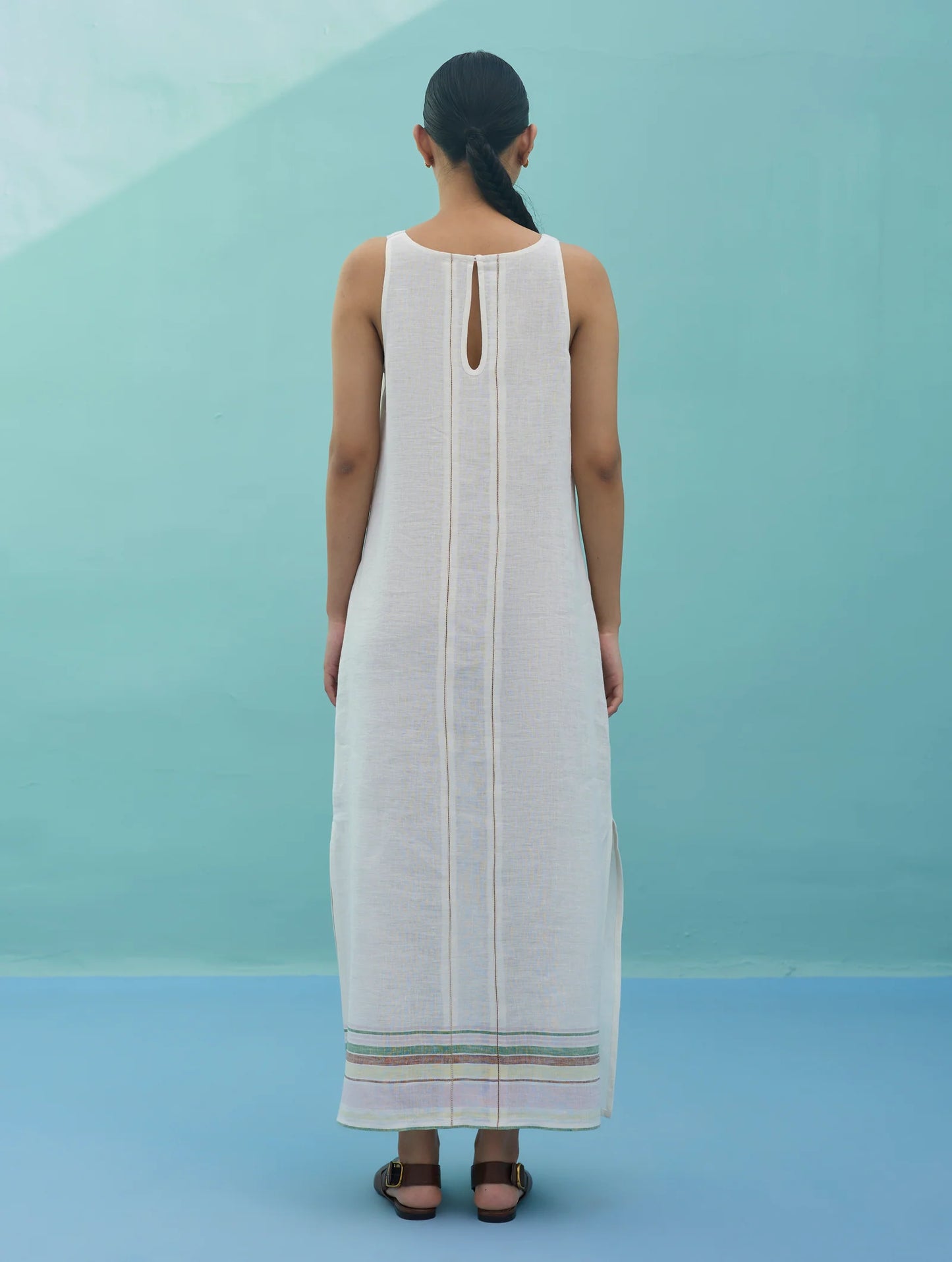Beli Sleeveless Border Linen Dress with Overlay - Ivory