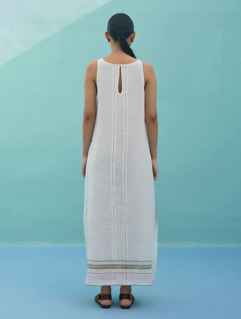 Beli Sleeveless Border Linen Dress with Overlay - Indigo