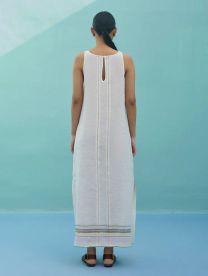Beli Sleeveless Border Linen Dress with Overlay - Indigo