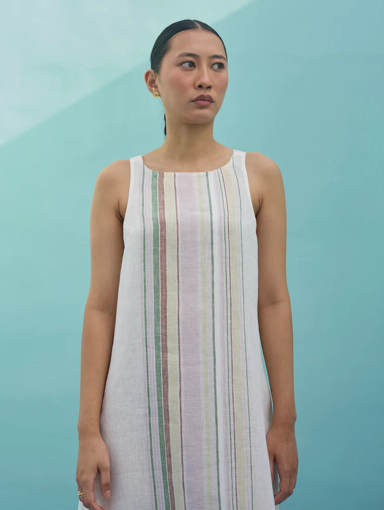 Beli Sleeveless Border Linen Dress with Overlay - Ivory