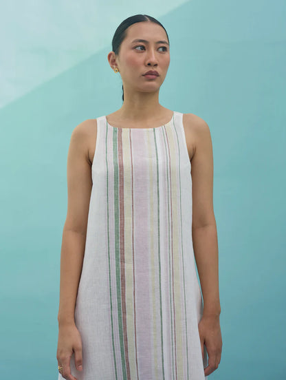 Beli Sleeveless Border Linen Dress with Overlay - Ivory