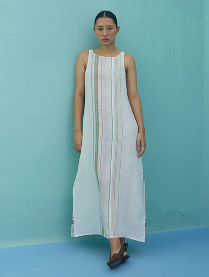 Beli Sleeveless Border Linen Dress with Overlay - Indigo