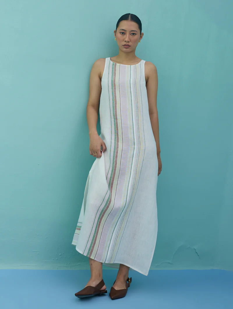 Beli Sleeveless Border Linen Dress - Ivory