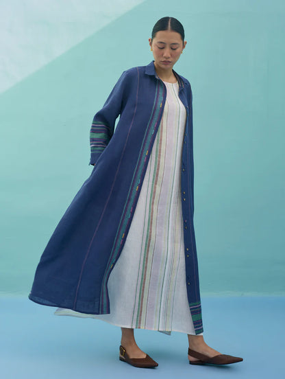 Beli Sleeveless Border Linen Dress with Overlay - Indigo