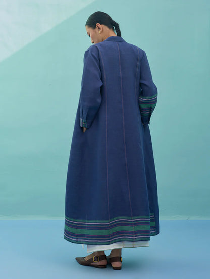 Beli Sleeveless Border Linen Dress with Overlay - Indigo