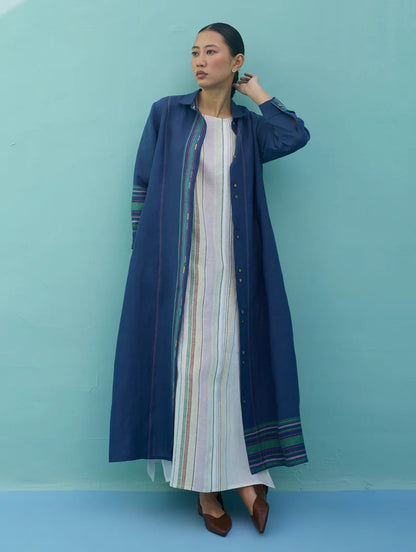 Beli Sleeveless Border Linen Dress with Overlay - Indigo