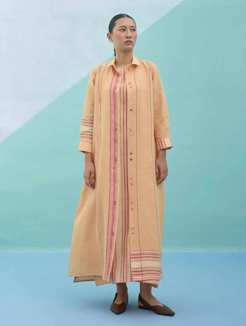 Beli Sleeveless Border Linen Dress with Overlay - Apricot