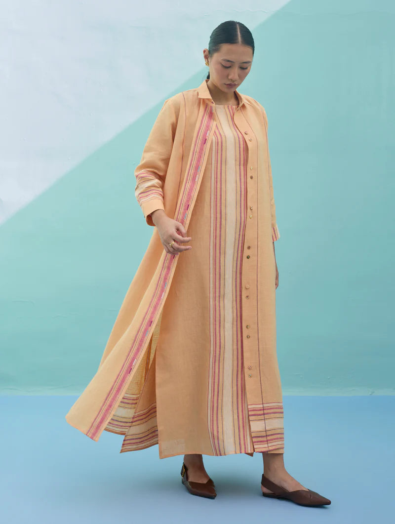 Beli Sleeveless Border Linen Dress with Overlay - Apricot