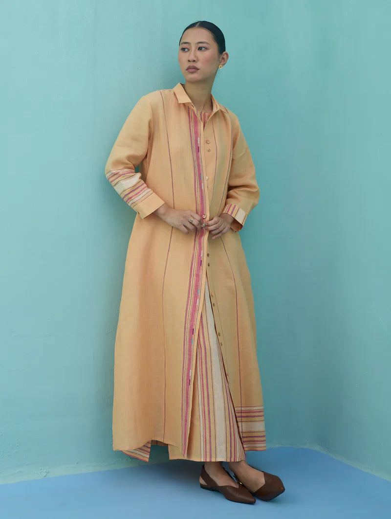 Beli Sleeveless Border Linen Dress with Overlay - Apricot