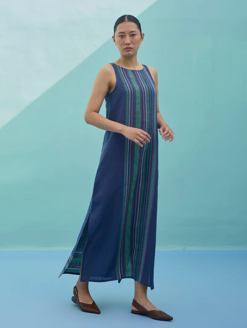 Beli Sleeveless Border Linen Dress - Indigo
