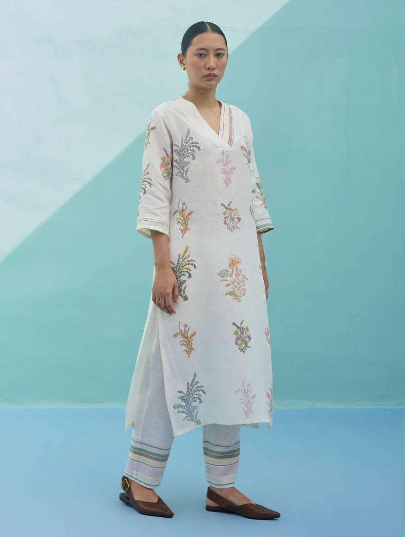 Zura Floral Block-Printed Embroidered Kurta - Ivory