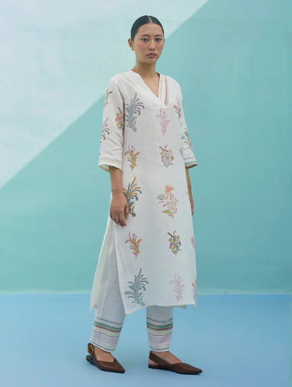 Zura Floral Block-Printed Embroidered Kurta - Ivory