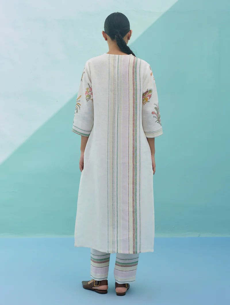Zura Floral Block-Printed Embroidered Kurta - Ivory