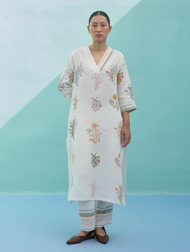 Zura Floral Block-Printed Embroidered Kurta - Ivory