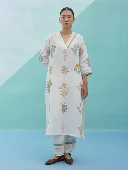 Zura Floral Block-Printed Embroidered Kurta - Ivory
