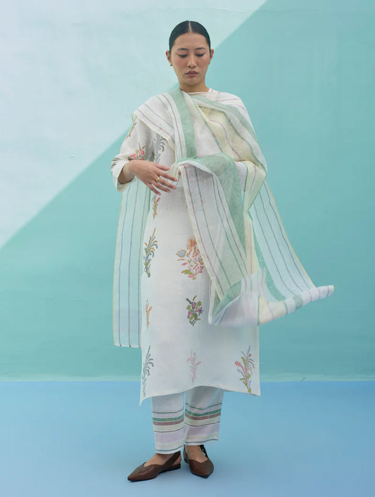 Rava Border Linen Stripe Dupatta - Ivory