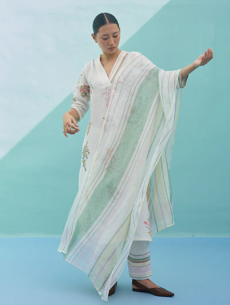 Rava Border Linen Stripe Dupatta - Ivory