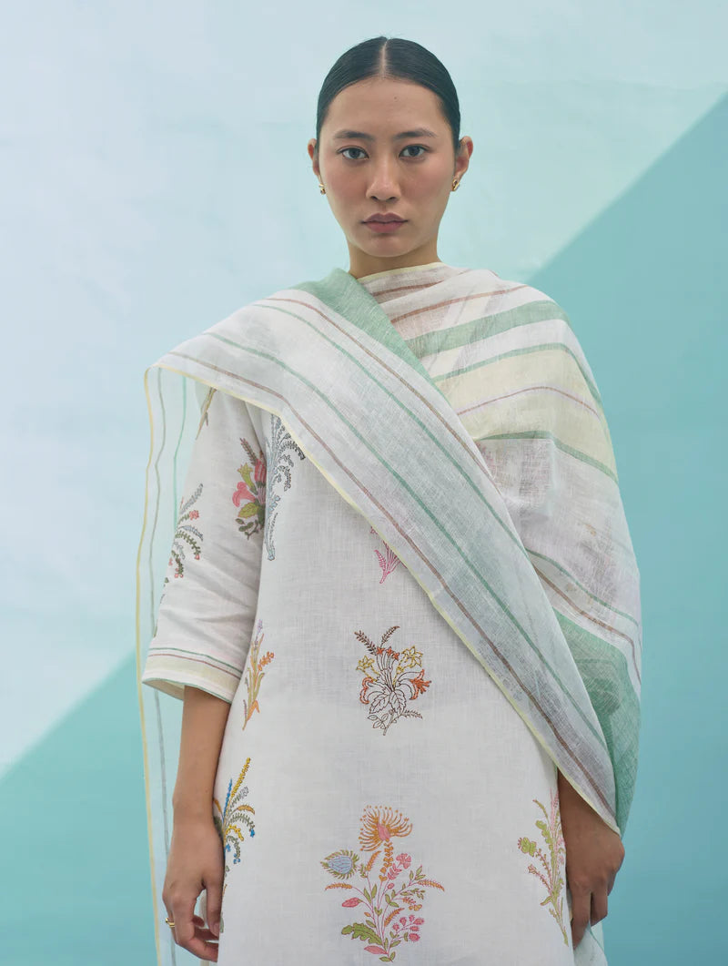 Zura Floral Block-Printed Embroidered Kurta Set - Ivory