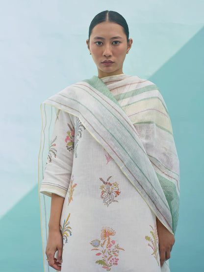 Zura Floral Block-Printed Embroidered Kurta Set - Ivory