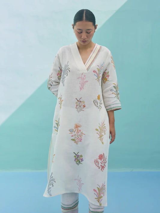 Zura Floral Block-Printed Embroidered Kurta - Ivory