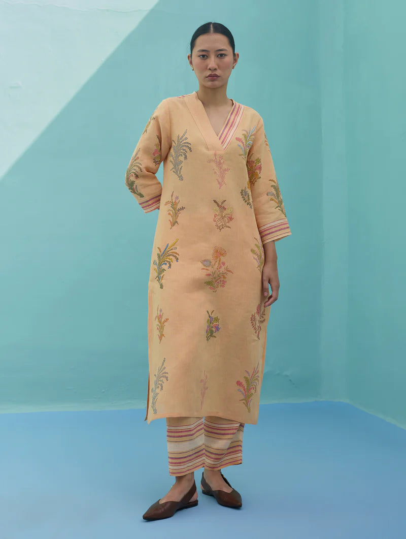 Zura Floral Block Printed Embroidered Kurta - Apricot