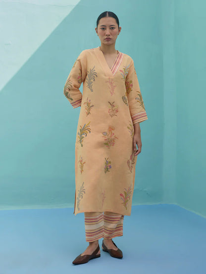 Zura Floral Block Printed Embroidered Kurta - Apricot