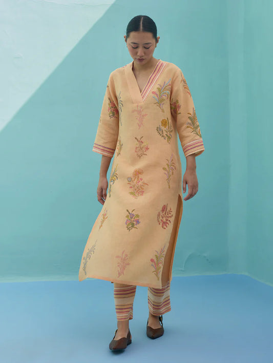 Zura Floral Block Printed Embroidered Kurta - Apricot