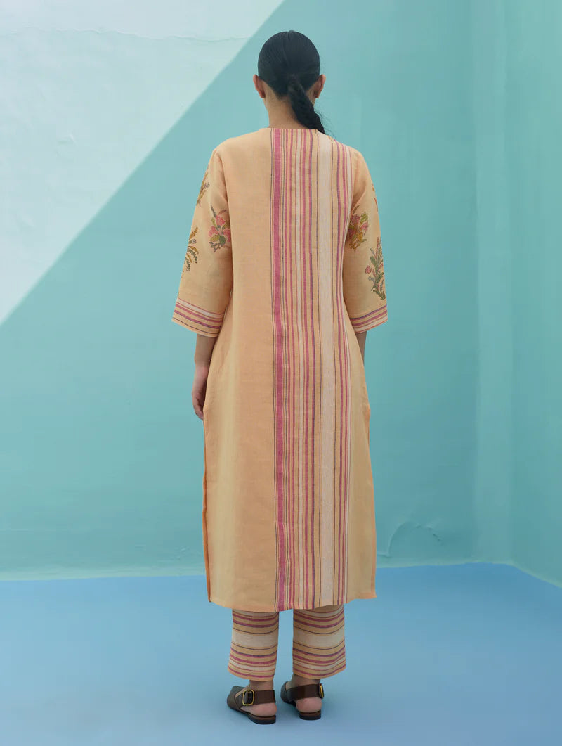 Zura Floral Block Printed Embroidered Kurta Set - Apricot