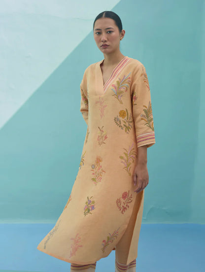 Zura Floral Block Printed Embroidered Kurta - Apricot