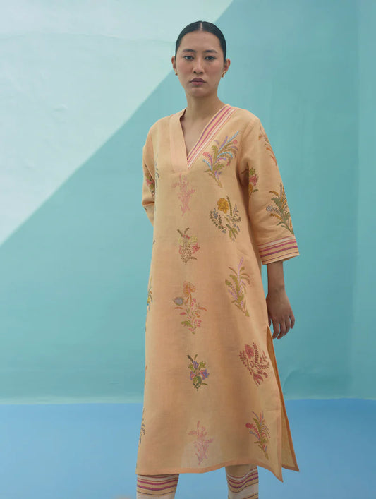 Zura Floral Block Printed Embroidered Kurta - Apricot