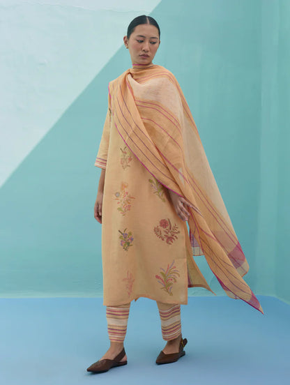 Zura Floral Block Printed Embroidered Kurta Set - Apricot