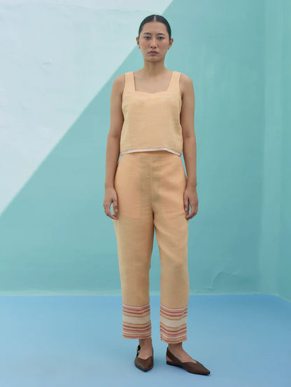Ines Border Linen Tapered Pants - Apricot