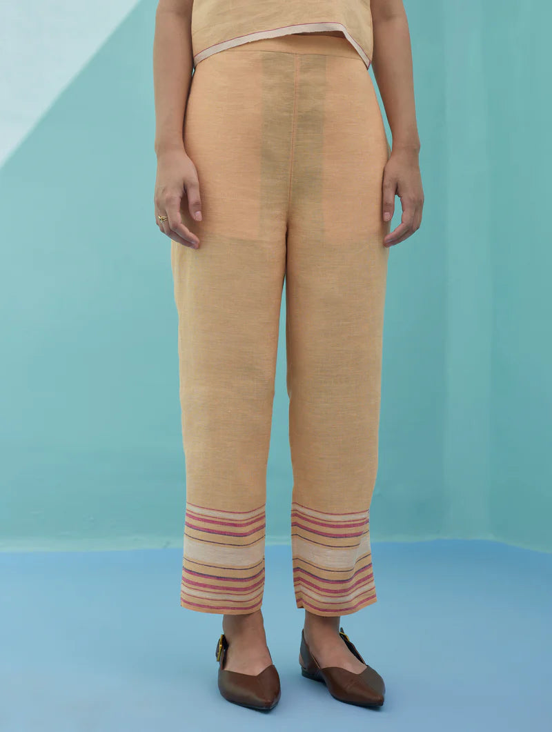 Ines Border Linen Tapered Pants - Apricot
